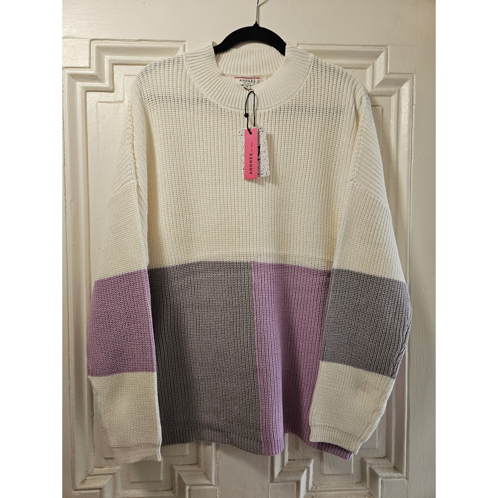 Andree by Unit Womens Colorblock Shaker Knit Sweater Cream Purple Grey P15961-1